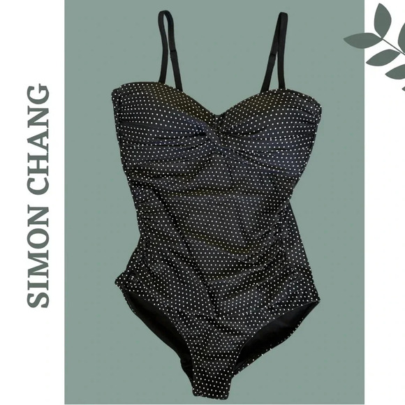 Simon Chang Women’s One Piece Swimsuit Black White Polka Dot Size 16 - Picture 1 of 7
